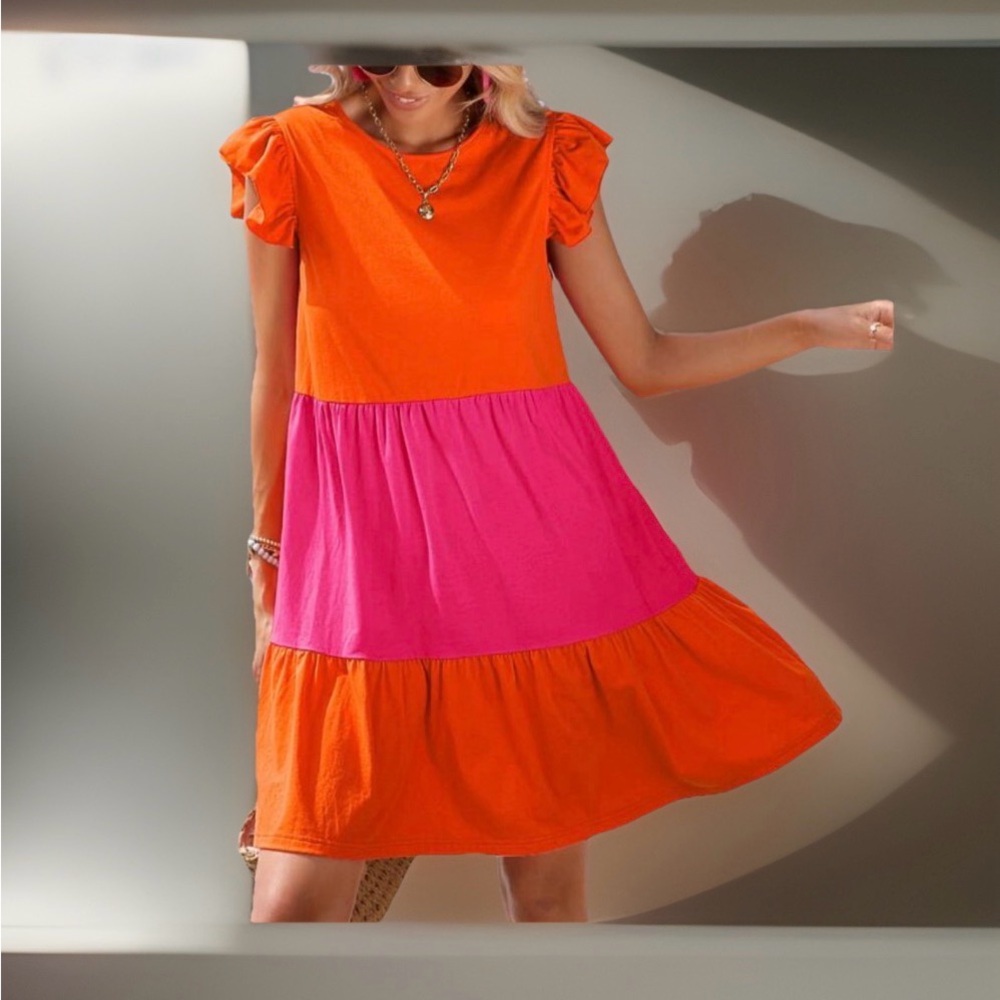 SHEIN Colorblock Ruffle Trim Ruffle Hem Smock Dress-Coral Orange-L-EUC